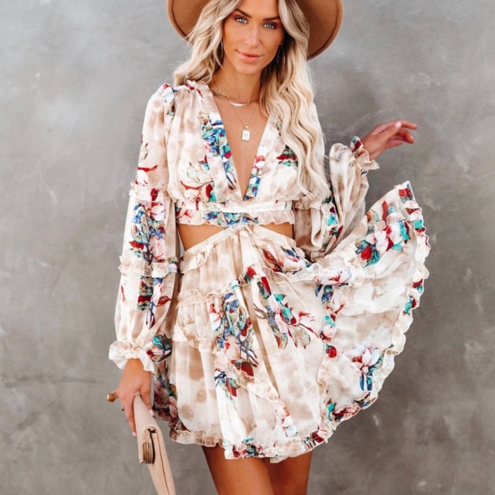 Zida Floral Ruffle Tiered Cutout Dress - Cream